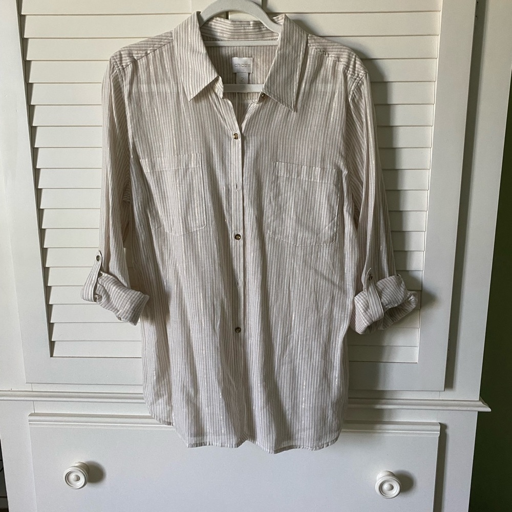 Chico's Cream and Tan Striped Women’s Button-Down Shirt
